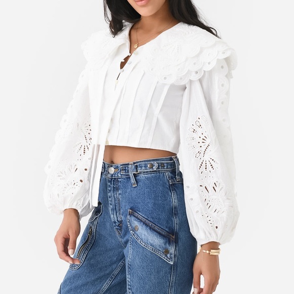 FARM RIO WOMEN'S RICHELIEU BIG COLLAR Eyelet BLOUSE Off White Sz S - Picture 3 of 16